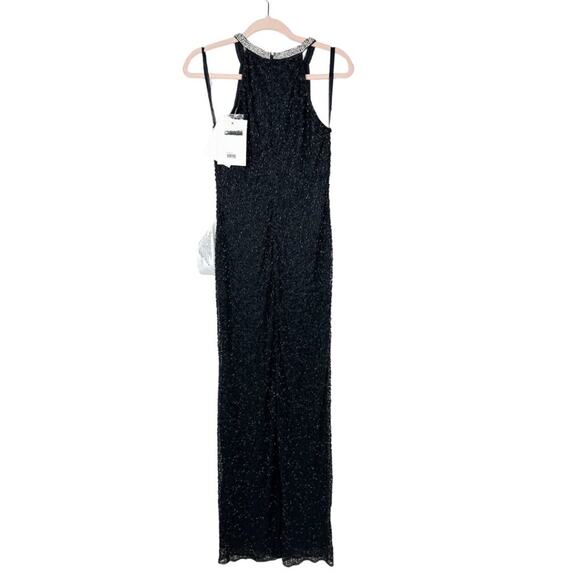 FLAWED - NWT Mac Duggal Beaded Sleeveless High Neck Column Gown Black 4 #8517 - Picture 6 of 13